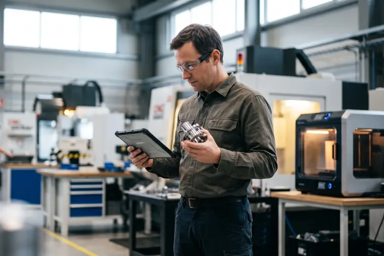Engineer in safety glasses holding a tablet and a precision machine part in an industrial hall with CNC machines – a typical B2B buyer researching technical products.