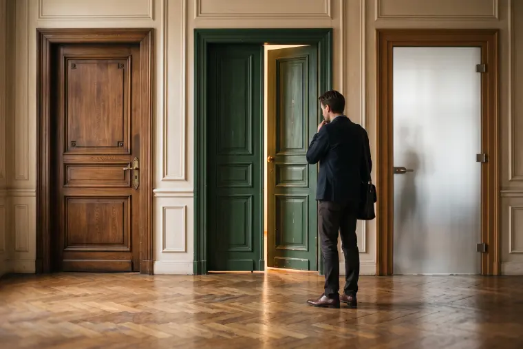 Man in a blazer standing in front of three different doors – wooden, green and frosted glass – one of them slightly open, weighing which way to go.