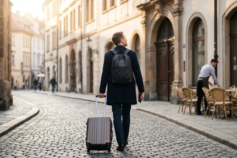 Traveller with a suitcase and backpack walking down a cobbled old-town street at sunrise, just arrived in an unfamiliar city.