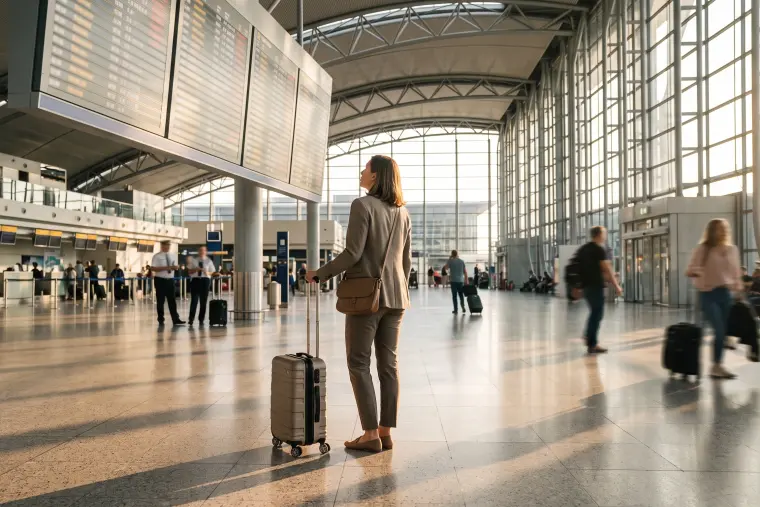 Business traveller with a suitcase studying the departures board in a busy international airport, comparing destinations before choosing one.